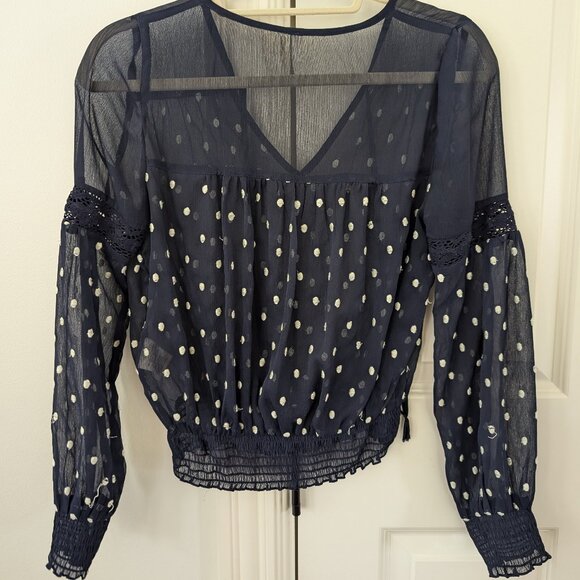 Free People Sheer Navy & White Polka Dot Blouse - Picture 2 of 8